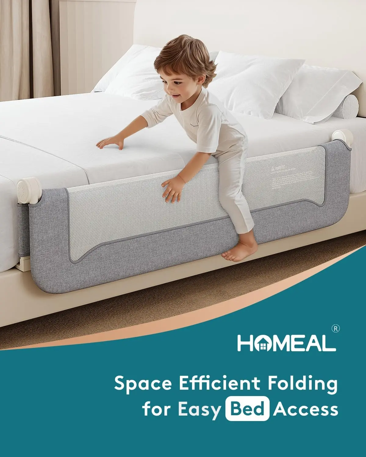 Protetor de trilho de cama infantil dobrável de 59 polegadas para camas King, Queen, Full & Twin - Design de malha de segurança cinza