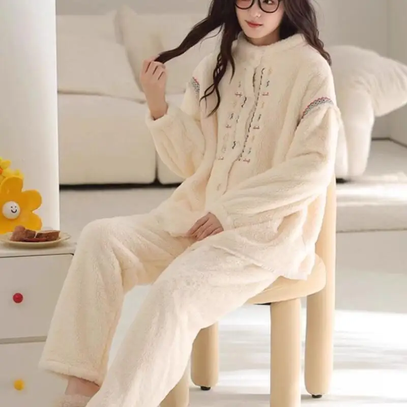 

Women's Pajama Set Winter Sweet Pajamas Thickened Coral Fleece Comfortable Sleepwear Home Suit Female Two Piece Home Clothes