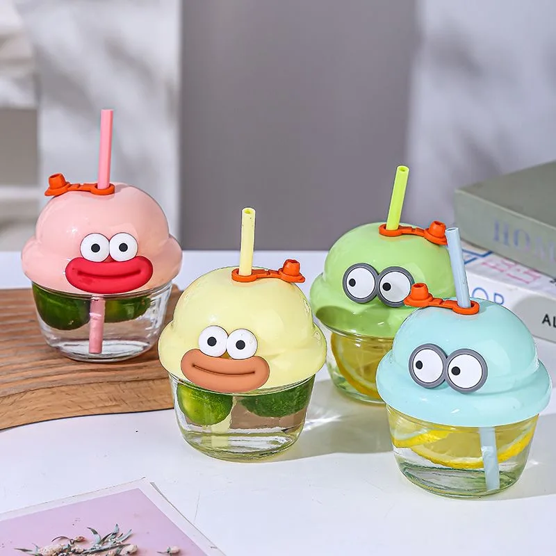 Cartoon mini fat glass cup with straw, high temperature resistant coffee, milk and soybean milk cup