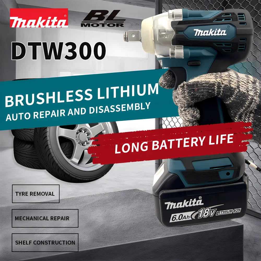 Makita DTW300  Brushless Electric Impact Wrench 330NM High torque 18V  Lithium Battery Rechargeable Auto Repair Tire Power Tools