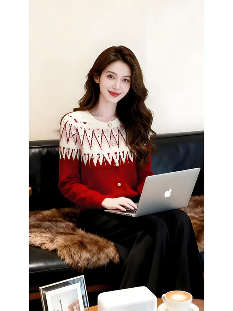 빨간색 니트 오픈 가디건 스웨터 여성용 캐주얼 루즈핏 롱 스웨터 라운드 넥 버튼 디테일 새해 아우로페스 탑