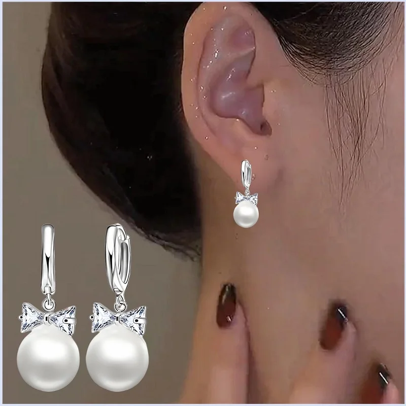 

Elegant 925 Sterling Silver Bowknot Pearl Cubic Zircon Necklace Drop Earrings Set For Women Girls Wedding Party Jewelry Gifts