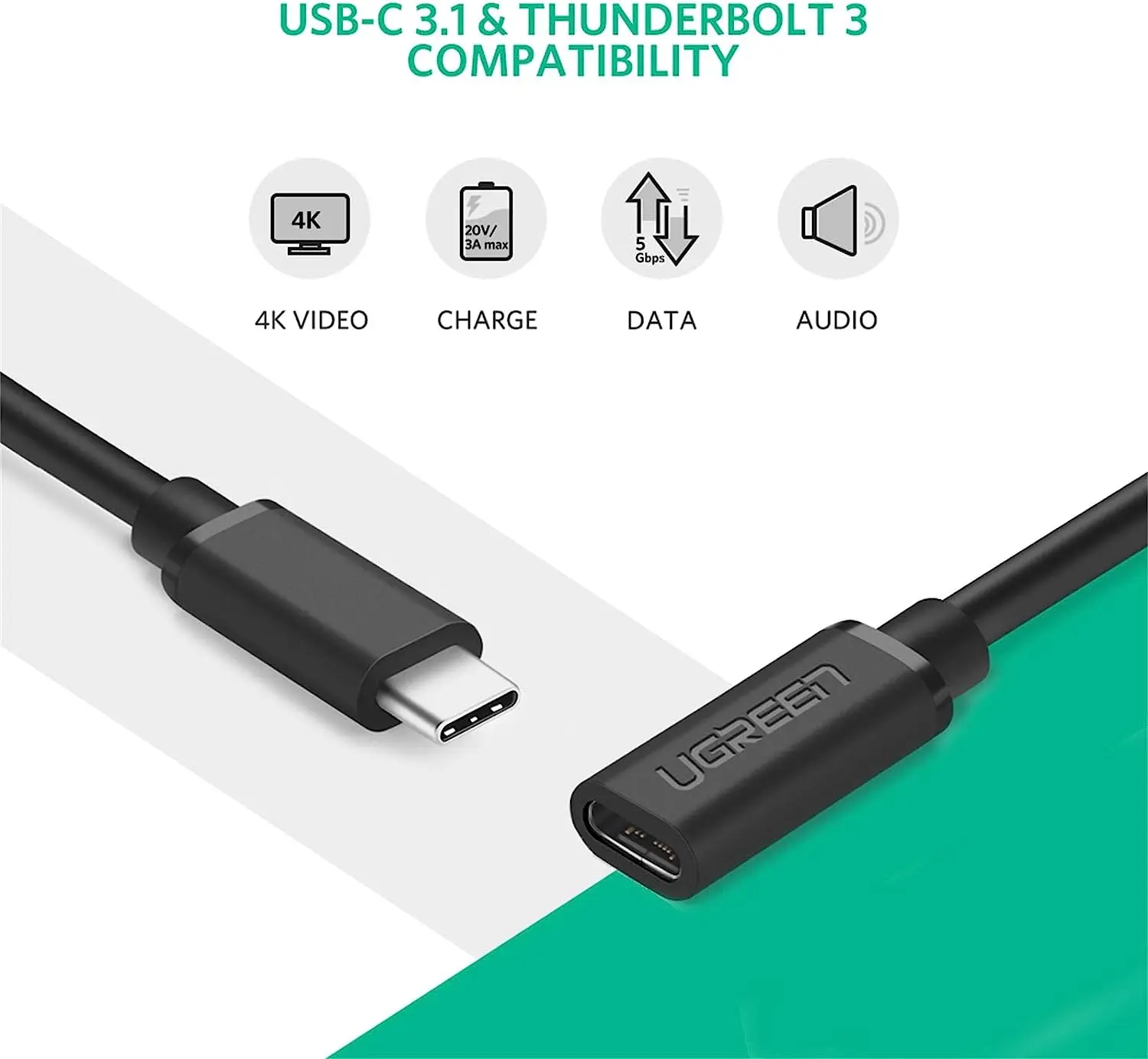 UGREEN USB 3.2 GEN2 Type C câble d'extension 10Gbps Transmission de données haute vitesse Type C mâle à femelle 100W câble de charge rapide
