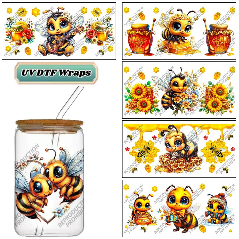 Cute Honey Bee UV DTF Wraps, Cartoon Bee & Sunflower Stickers for 16oz Glass Cans, Waterproof DIY Transfer Decals