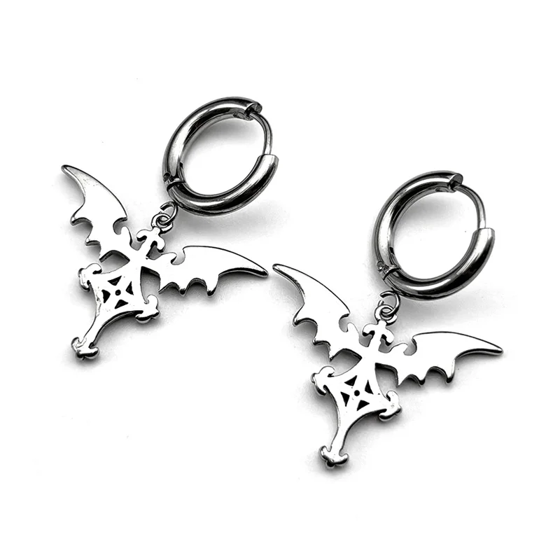 1PC Gothic Dark Bat Wing Cross Hoop Earrings For Women Men Stainless Steel Silver Color Punk Dangle Drop Earring Jewelry Gift