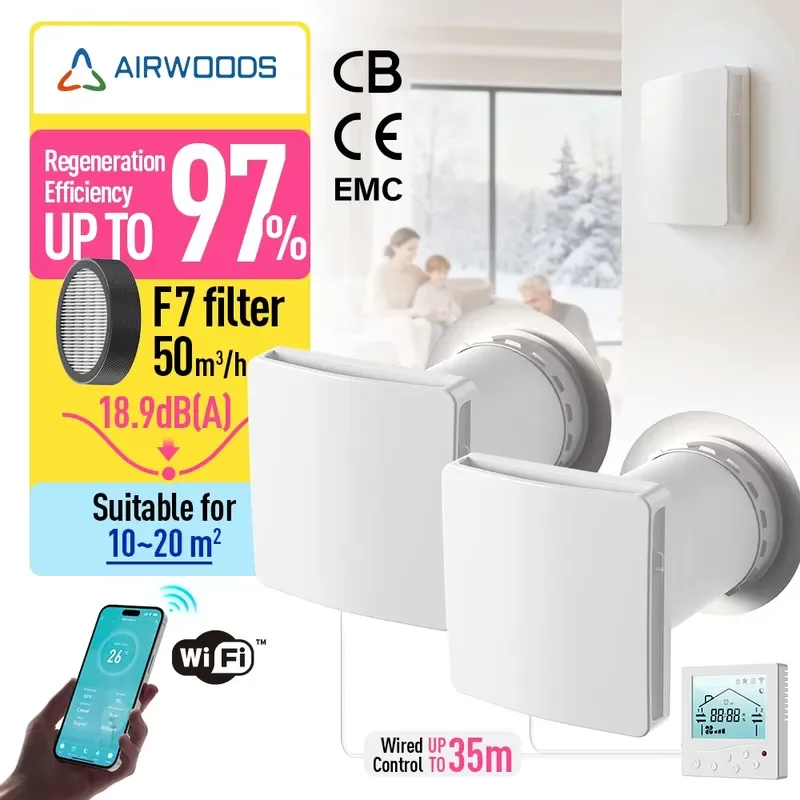 97% Efficiency Energy Saving Wall Mounted ERV Quiet Reversible Fan Single Room HRV Fresh Air Ventilation for Tiny Homes