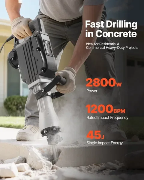 Elektrischer Presslufthammer 2800 W, 1200 BPM Betonbrecher mit 3 Meißeln, Tonspaten, Koffer und Handschuhen