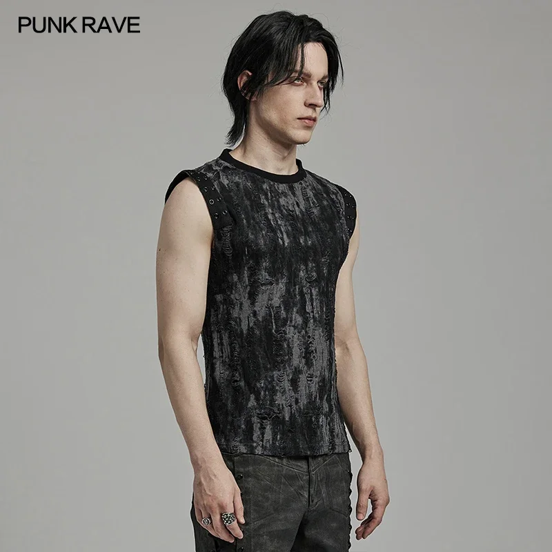 PUNK RAVE Men\'s Punk 3D Jacquard Personalized Tank Daily Handsome Cool Black Tops Streetwear Men Clothing Summer 2 Colors