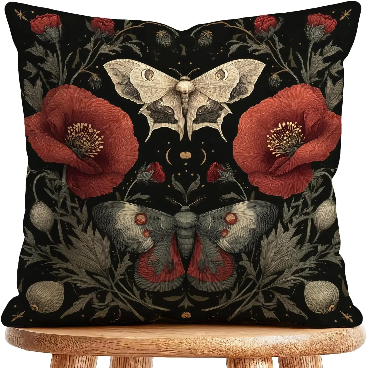 Elegant Floral Moth Butterfly Pillowcase Dark Botanical Aesthetic Throw Cover Art Home Decoration 45x45cm