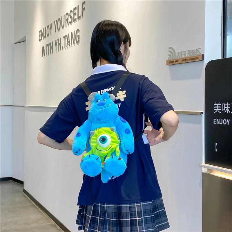 Disney Anime Monsters Inc Anime Goods Cartoon Sulley James P Sullivan Mike Stitch Plush Backpack Gift For Kids Birthday Doll Toy