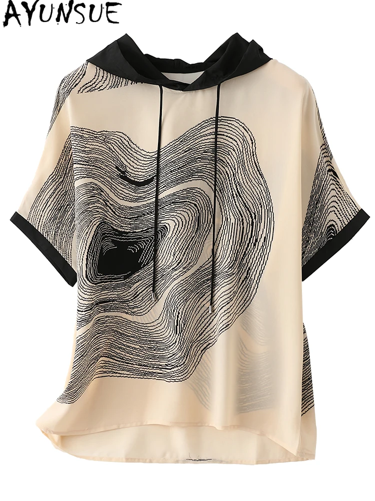 AYUNSUE 92% Real Mulberry Silk Women\'s T-shirts 2024 Summer Woman Clothes Hooded Short Sleeved T Shirt Women Fashion Топ Женский
