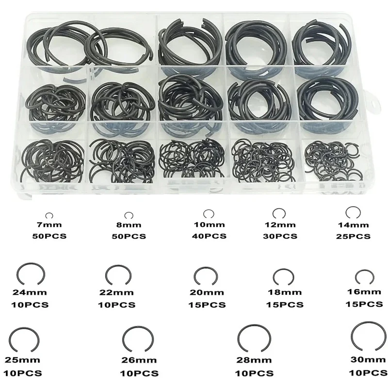 300pcs Metric 7-30mm Round Wire Snap Rings C Clips Internal Snap Ring Circlip Assortment Kit for Shafts Snap Ring Retainer