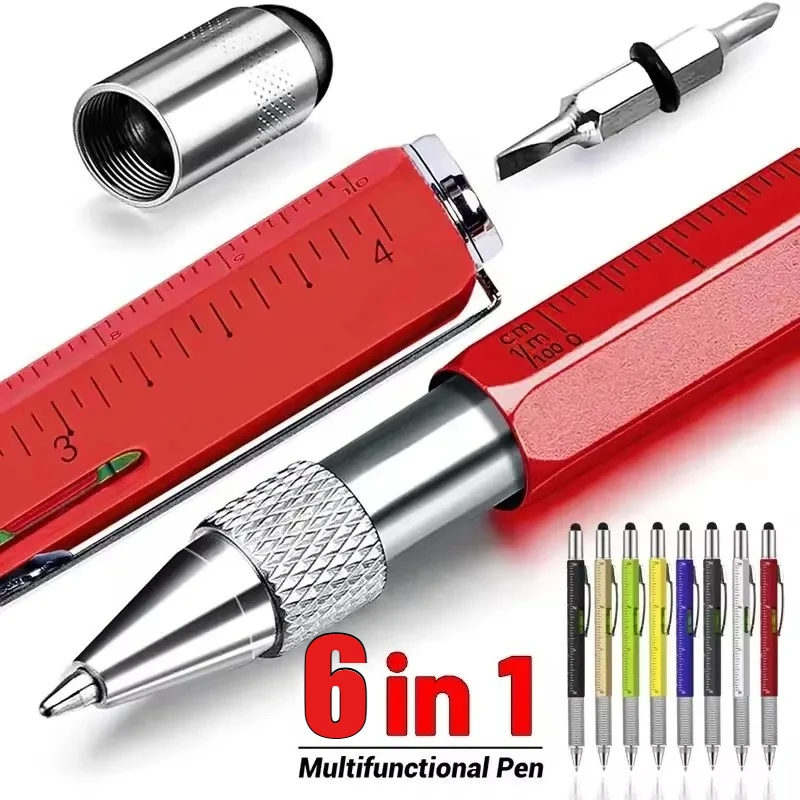 Caneta Multifuncional 6 em 1 com Stylus para Tela Sensível ao Toque, Chave de Fenda, Régua, Nível e Lápis Esferográfico Recarregável