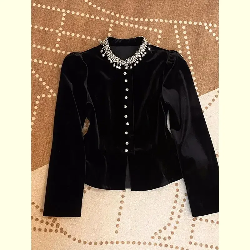 

New French Luxury Velvet Shirt Women Fashion Pearl Beading Spring Autumn Puff Sleeve Slim Vintage Tops Vintage Elegant Blouse