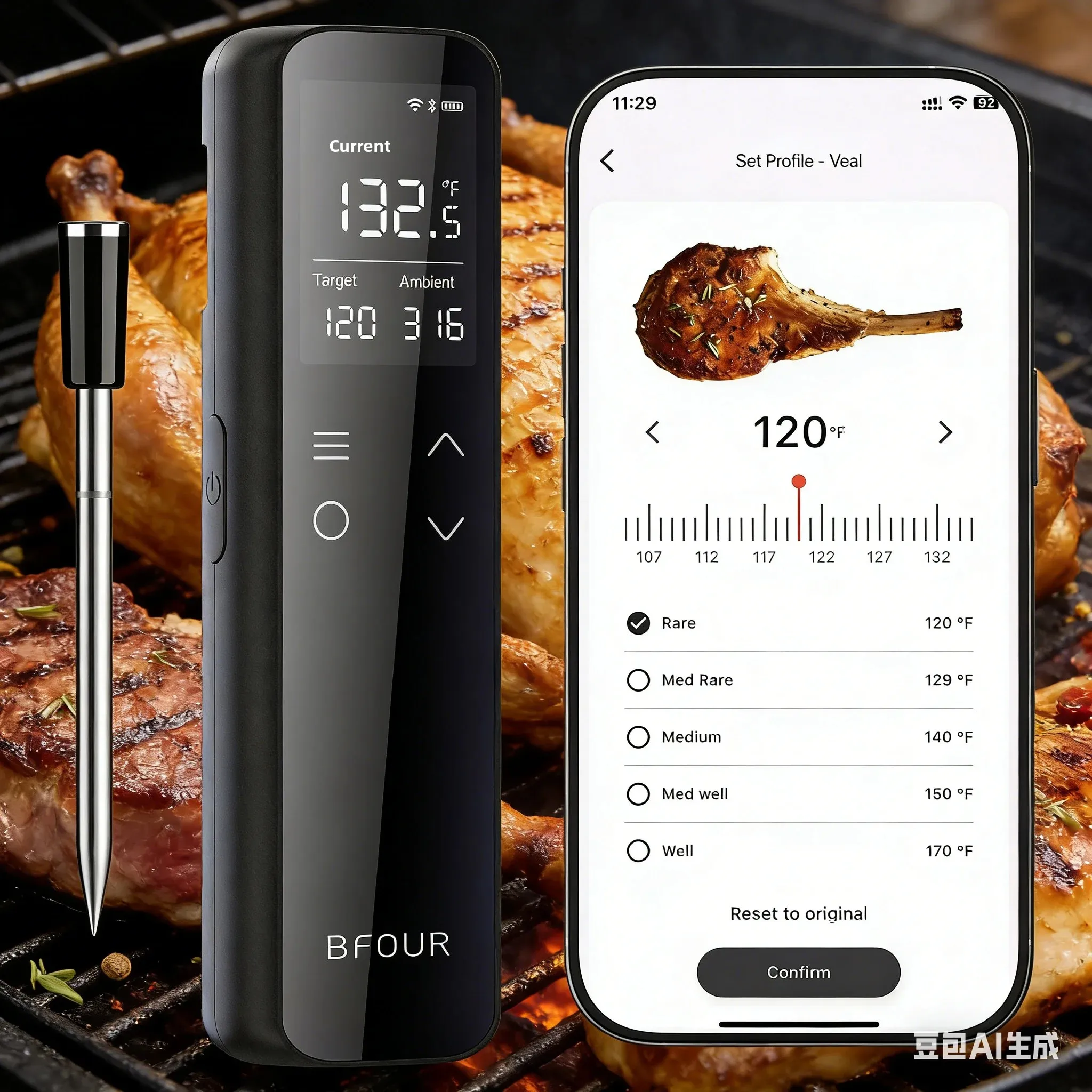 

WiFi Wireless Meat Thermometer Bluetooth Probe with APP Alarm, Waterproof Heat-Resistant Thermometer for BBQ & Oven
