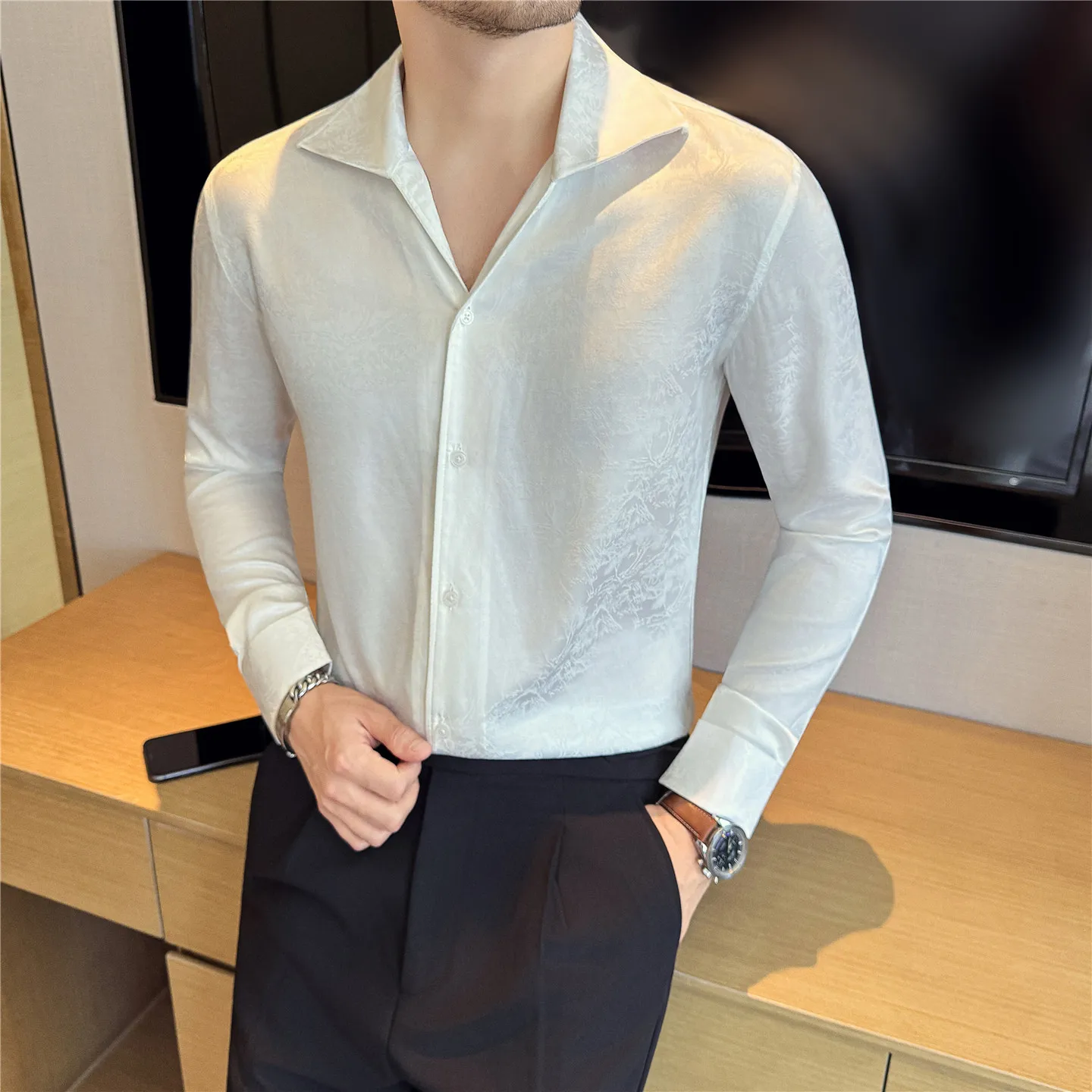 2025 Autumn/Winter V-neck Men's 3D Jacquard Long Sleeve Shirt Fashion Casual Business Dress Shirts Social Party  Men's Clothing