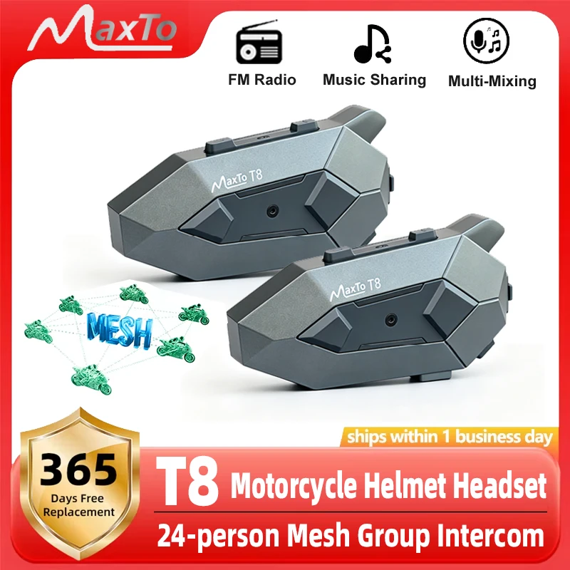 T8 Motorcycle Helmet Headset Mesh Group Intercom IP67 Waterproof AI+CVC Noise Reduction FM Music Sharing Multi-Channel Mixing BT