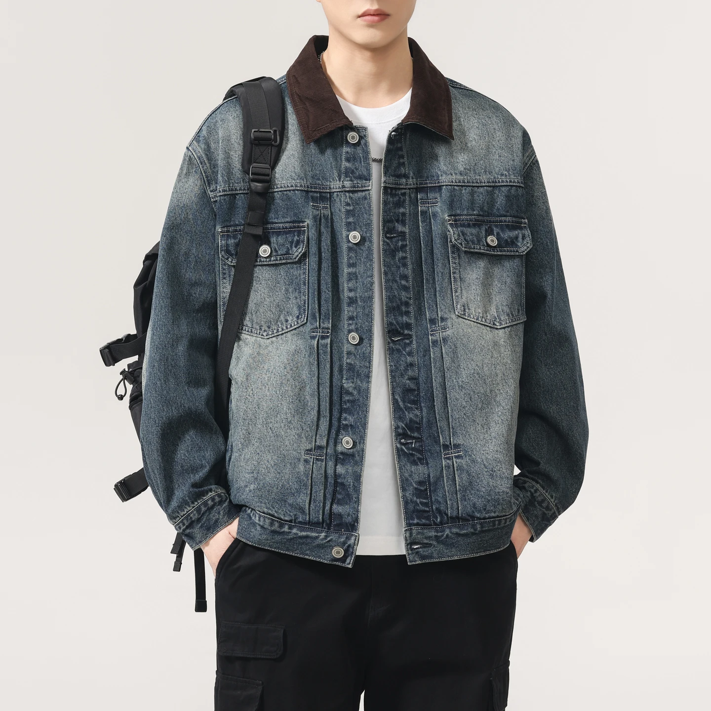 Men's Vintage Washed Denim Jacket, Contrast Corduroy Collar Loose Fit Button Up Chest Pocket Casual Streetwear Outer Coat