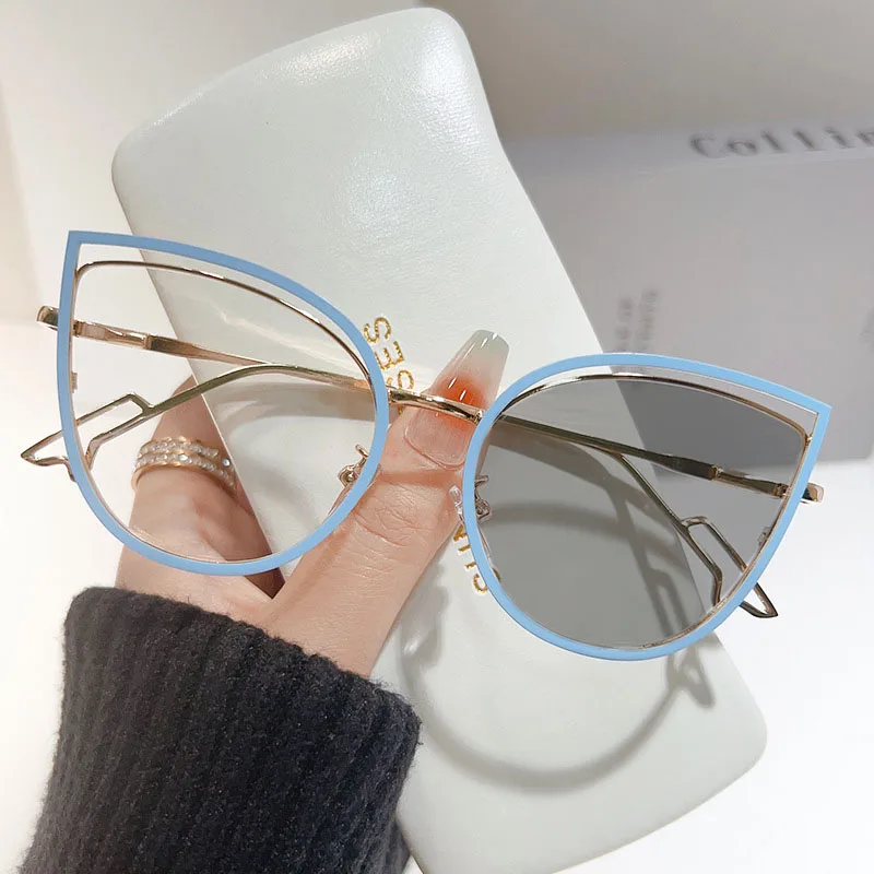 Metal Cat Eye Photochromic Glasses for Women Men Trendy Optical Spectacle Eyeglasses Unisex Color Changing Blue Light Glasses