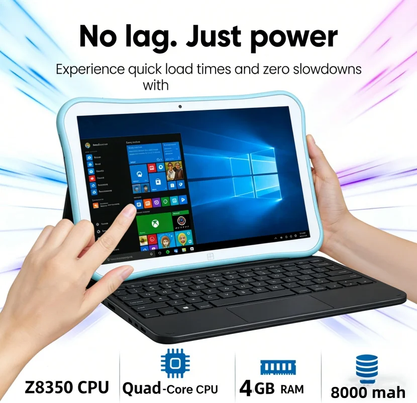 10.1인치 T10 윈도우 10 태블릿 PC, 4GB RAM, 64GB ROM, Q1 Z8350 쿼드 코어 CPU, 최대 1.33GHz, 32비트, 1280 x 800 IPS 디스플레이, Wi-Fi, 카메라.