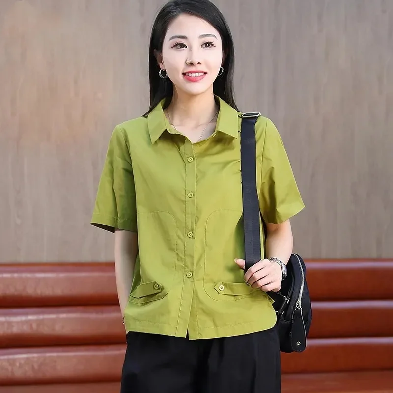 

Summer Middle-aged Mom Fashion Short Sleeves Loose Shirt French Women High-end Casual Shirt Coat Femme Large Size 5XL Blouse Top