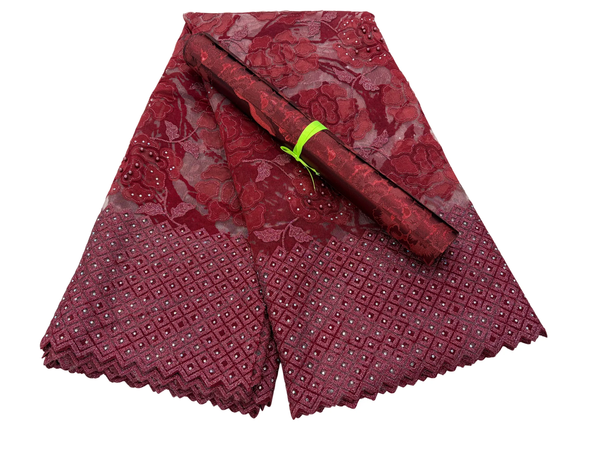 Red African Manual Spot Drilling And Cutting Hole Lace Fabric Color Tulle Materials 5Yards Match Hayes Sego Gele Headtie 2 Pcs