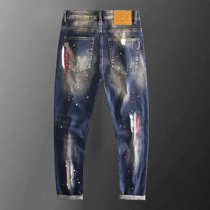 Fashion Hole Patches Slim Jean For Men Blue Splattered Paint Pant Men Personalized Patchwork Elastic Jeans Men Vaqueros Hombre