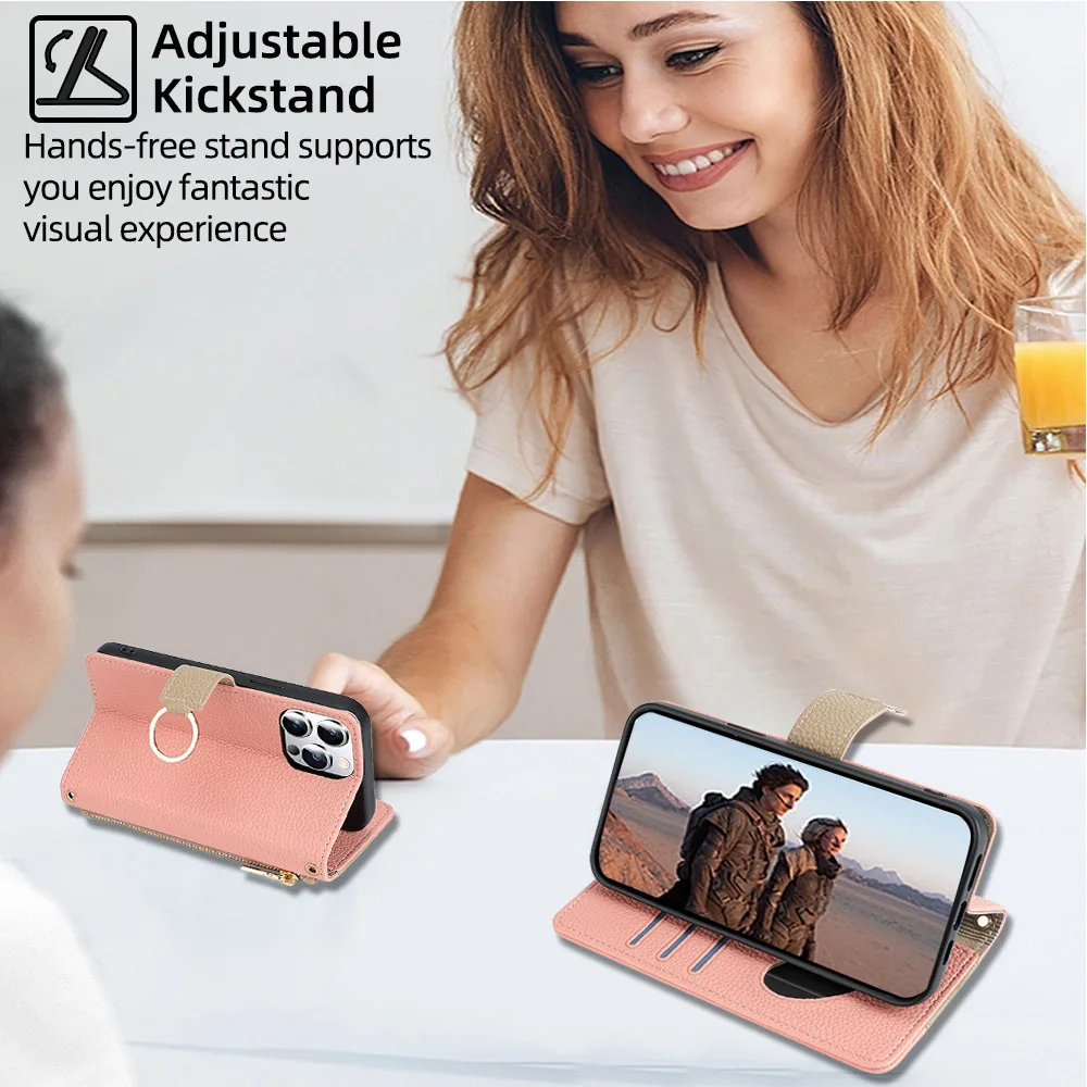 Zipper Wallet Shoulder Strap Case for iPhone 14 13 12 11 15 16 17 18 Pro Max 16 Plus Leather Card Pocket Lanyard Flip Cover