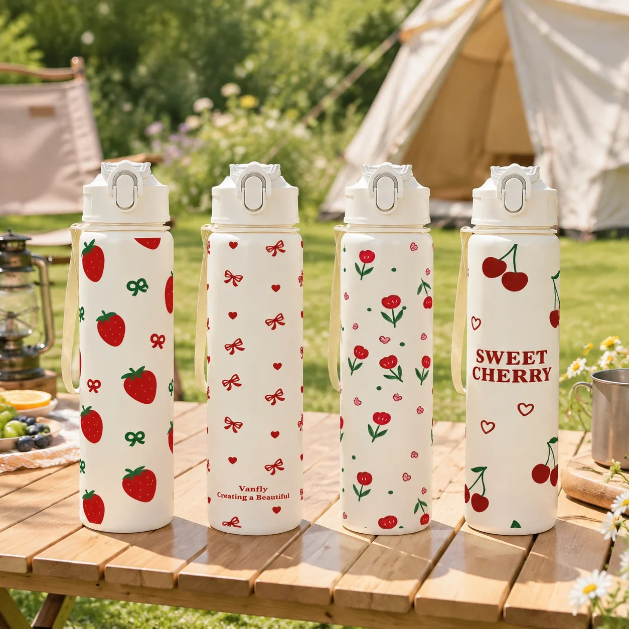 750ML Cute Strawberry Cherry Flower Bowknot Printed Tumbler with Pure White Base, High-Value Straw Cup for Sports