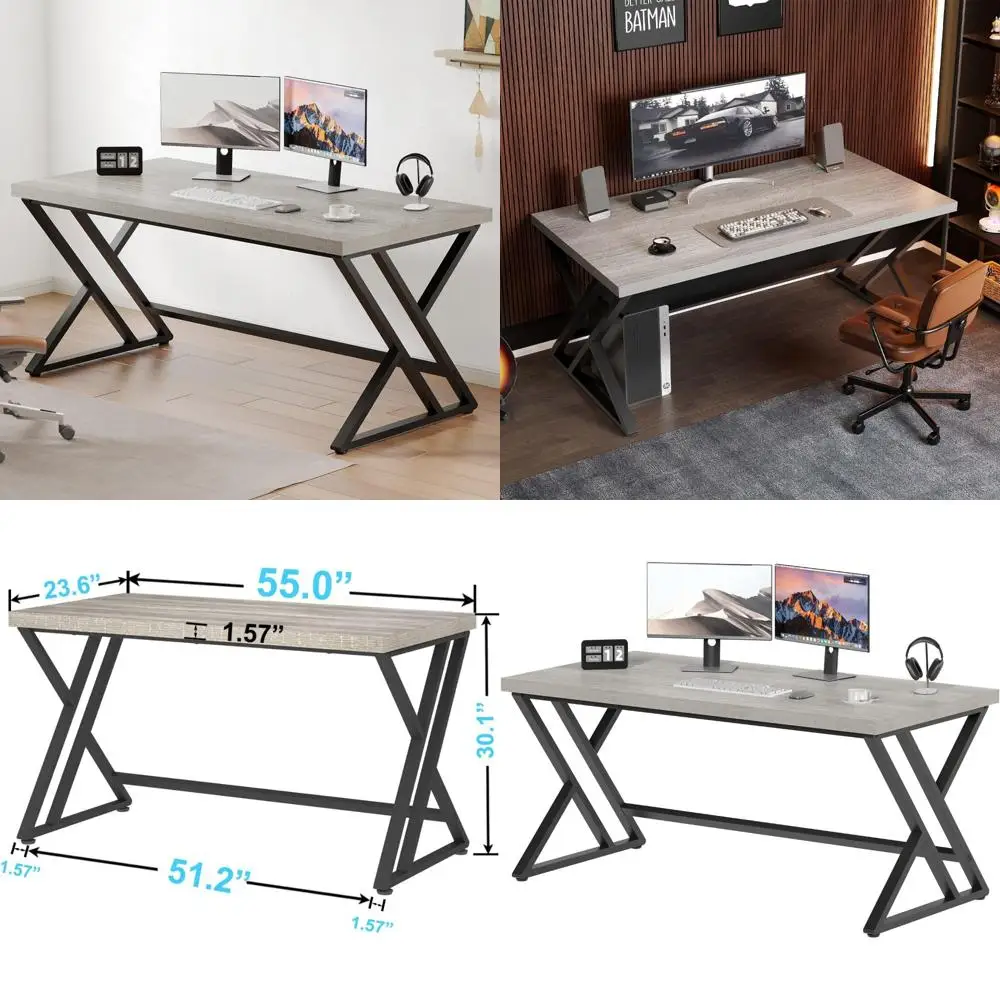 Industrial Style Wood and Metal Gaming Desk for Home Office, Modern PC Study Table with Gray Finish for Bedroom Workspace