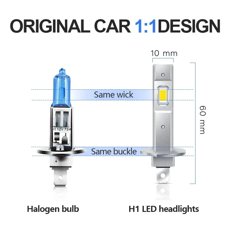 2pcs 3000K Golden Yellow H1 LED Headlights 12000LM 30W 3570 CSP High Beam Turbo Auto Light 1: 1 Fanless Mini 12V Plug and Play