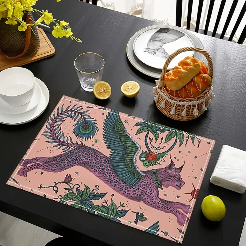 Pink Winged Leopard Jungle Printed Placemats,Heat Resistant Table Decor,Boho Cafe Display,Bohemian Dining Home Decor