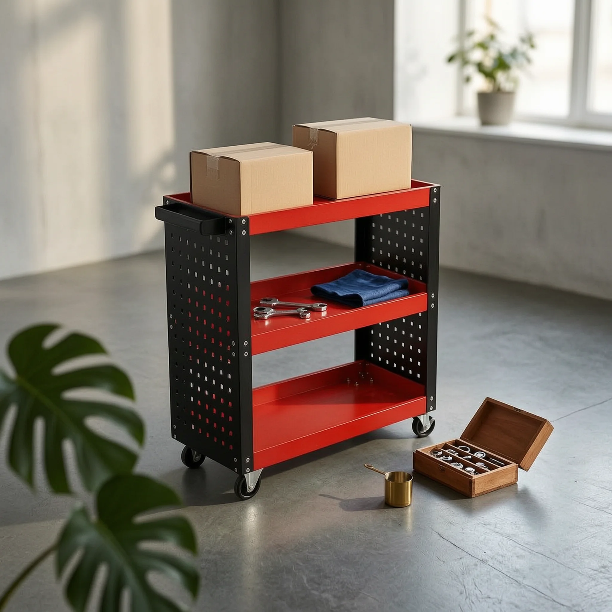 Rolling Metal Tool Cart Perforated Three-Tier Utility Cart Storage Furniture Side Handle on Wheels