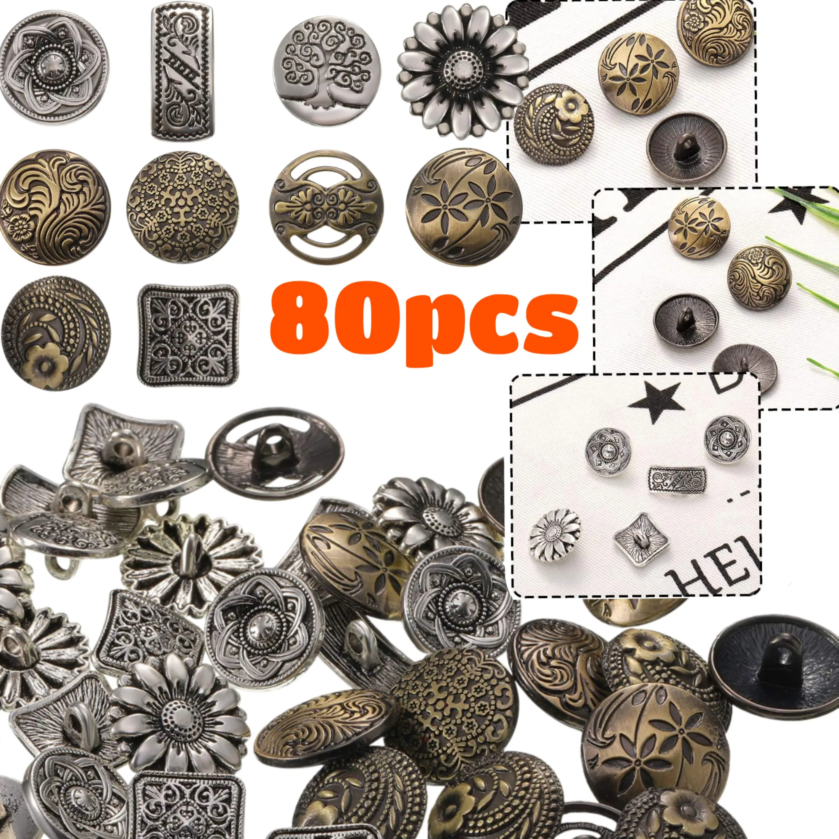 

80 Pieces Vintage Buttons In Antique, Antique Bronze, Square, And Floral Shapes, Perfect For Creative Retro Coat Accessories