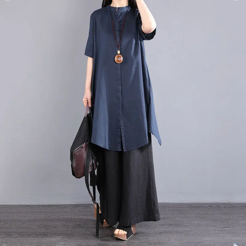 Vintage Asymmetrical Loose Short Sleeve Blouse Summer Button Solid Simplicity Irregular Shirt Tops Casual Fashion Women Clothes