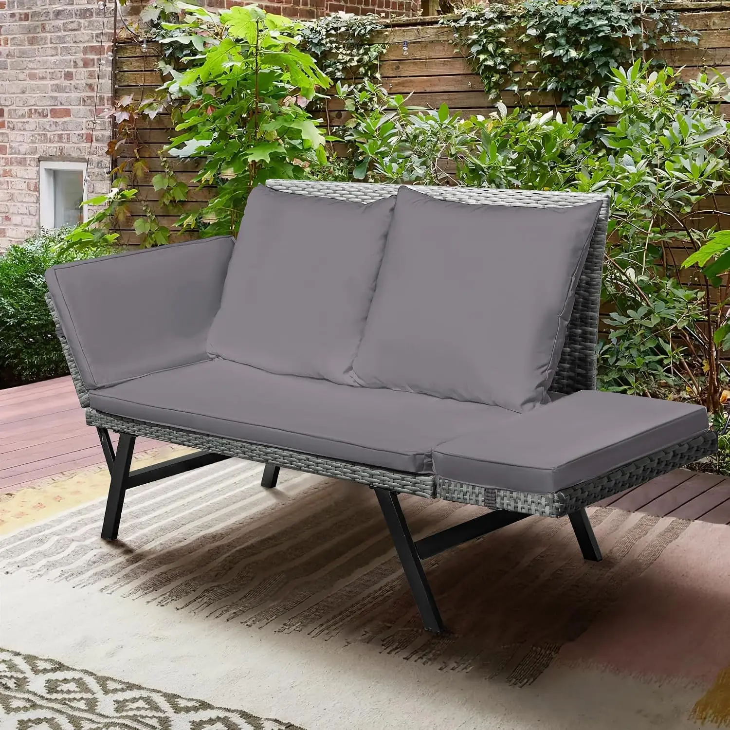 Outdoor Sofa,Convertible Daybed or Double Chair,Gray & Blue | Woven Rattan Patio Furniture with Adjustable, Customized