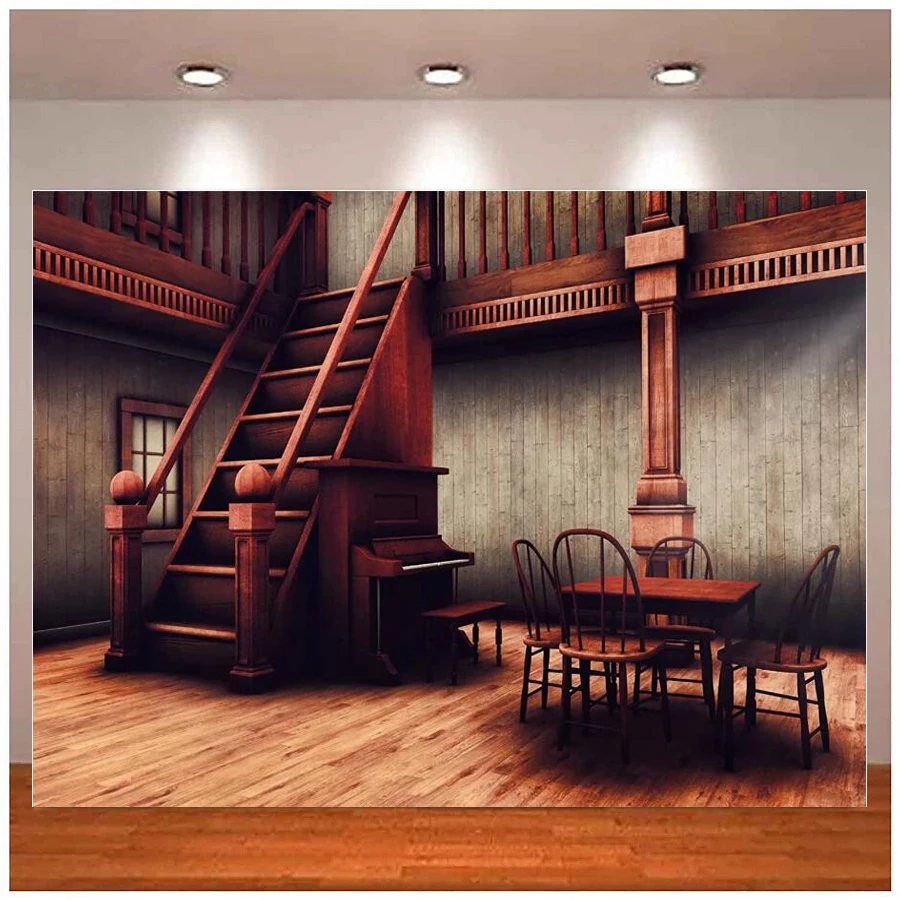 

Photography Backdrop Vintage Western Saloon Cowboys Wooden Saloon Bar Interior Decor Staircase Piano Table Chairs Background