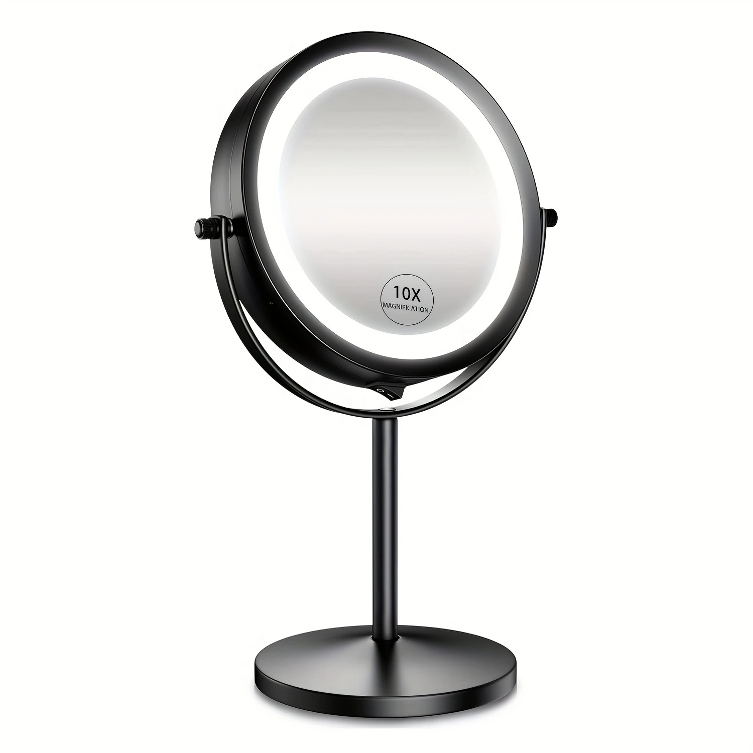 7 Inch Black Lighted Double Sided Round Makeup Mirror with 10X Magnification and 360 Degree Swivel Vanity Mirror for Shaving, Bu