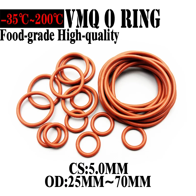 

20Pcs VMQ Food Grade Red Silicone O-Ring CS5mm OD25~70mm Washer Gaskets Waterproof Heat-Resistant Corrosion resistant non-toxic