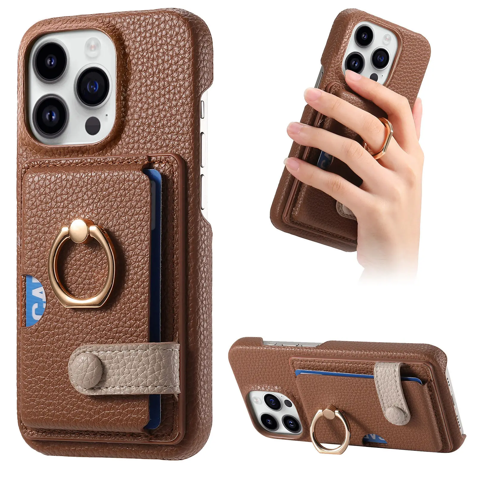 

Litchi Pattern Finger Ring Leather Phone Case For iPhone 15 Pro Max 14 13 12 11 Pro Max 15 Plus 13 Pro Wallet Card Slots Cover