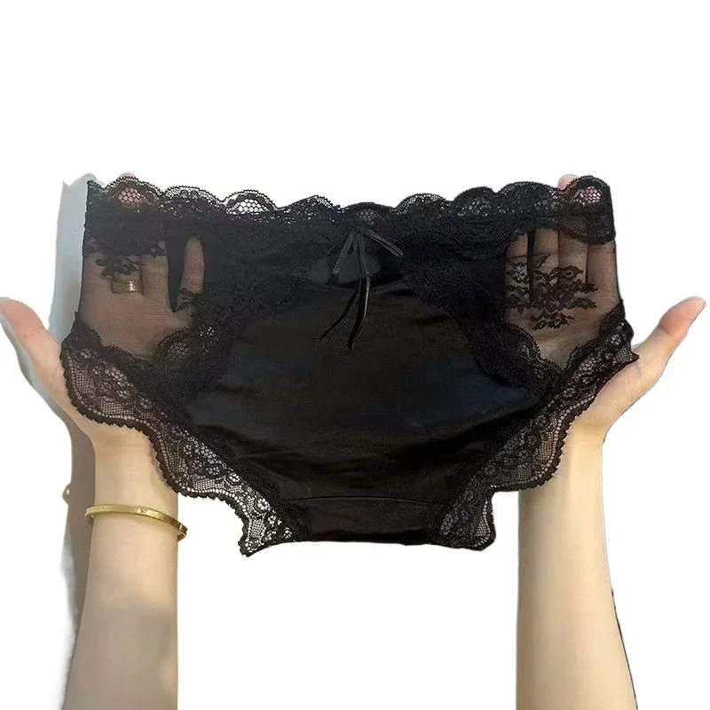 Panties Pure Desire French Underwear Women's Mid-waist Sexy Satin Lace Antibacterial Breathable Hollow Cotton Crotch New Briefs