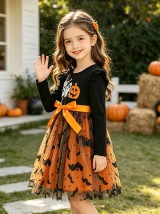 Halloween-Kleid für Mädchen mit langen Ärmeln, Geister- und Kürbis-Print mit Schleife, Fledermaus-Tüllrock, Kinder-Partykostüm – Detail 5