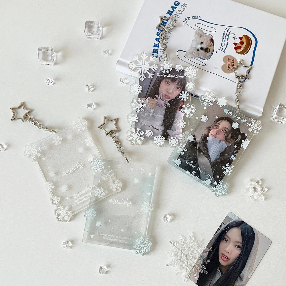 

Transparent Acrylic Snowflake Card Holder Cute Girl Idol 3In Photo Storage Card Clip Star Fashion Pendant Keychain Card Bag Gift
