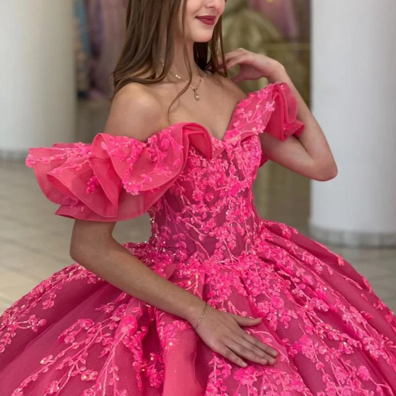 Mexican Rose Red Shiny Quinceanera Dresses Off The Shoulder Sweet 16 Dress Ball Gown Sequin Applique Lace Beads Tull Corset Vest