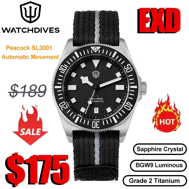 Watchdives EXD Titan-Uhr Peacock SL3001 Mechanisches Uhrwerk Saphirglas Leuchtend 20Bar Wasserdicht 40mm Vintage-Uhren