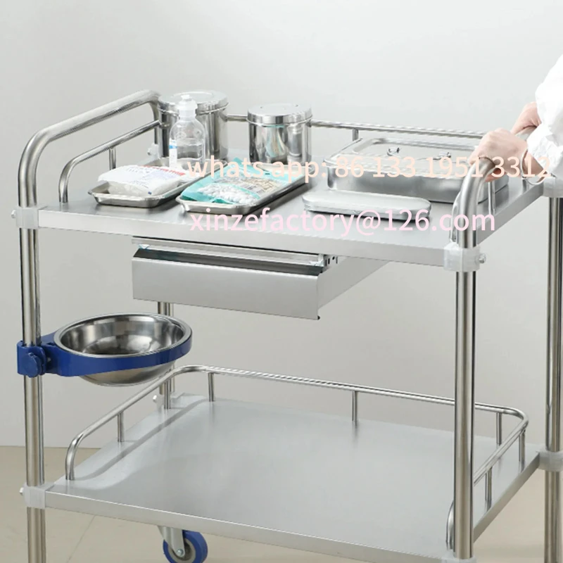 Troli Perawatan Stainless Steel 2 Rak yang Dapat Disesuaikan, Troli Instrumen Tiga Lapis