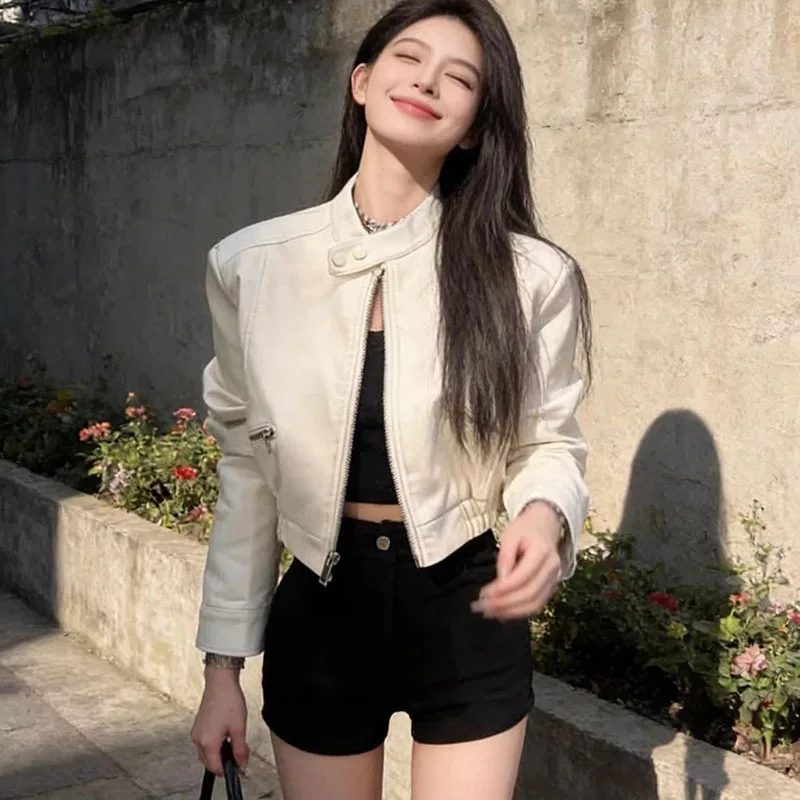Women Faux Pu Leather Short Streetwear Fashion Fitted Zipper Motorcycle Biker Outwear Slim Fit Classic Long Sleeve Coat