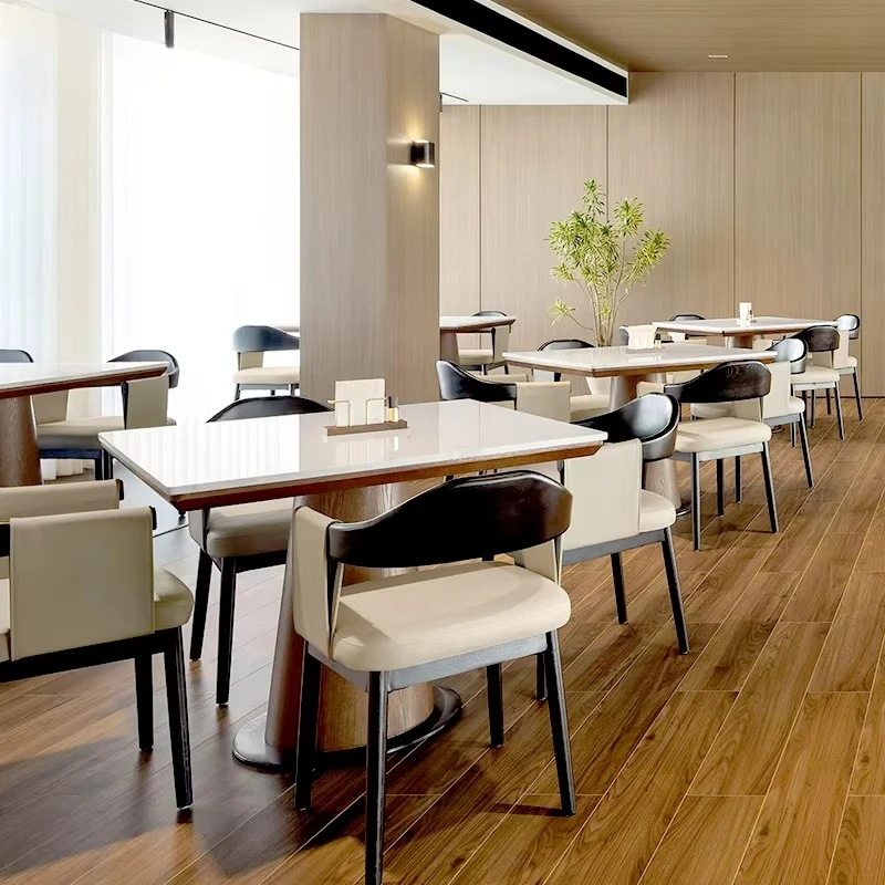 Commercial Asian Restaurant Furniture Sets Luxury Rustic Curved Wood Chair Marble Pedestal Table Combo for Hotel Project