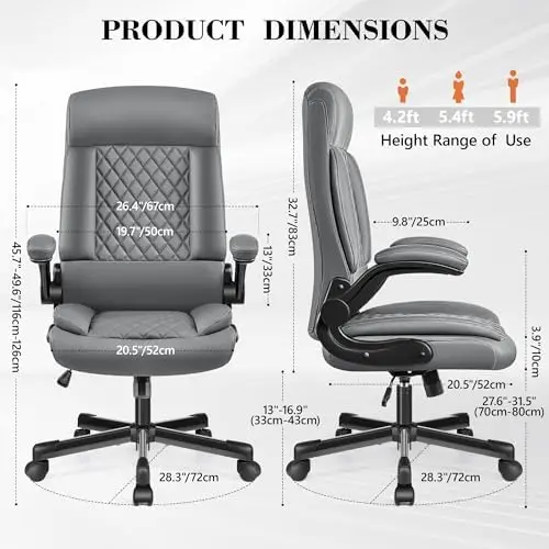 Office Chair - Executive Leather Office Chair with Wheels, High Back Ergonomic Big and Tall Office Chair with Flip Up Armrests,