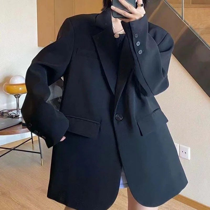 

Black Blazer for Women Korean Style Suit Loose Casual Top Early Autumn Fashion Retro Versatile Cardigan